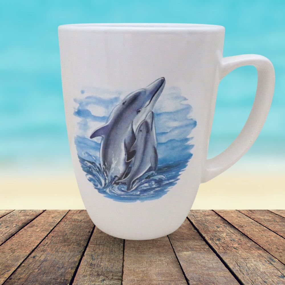 Handmade Ceramic Coffee Mug, White With Dolphin and Ocean, 11 Ounces Ocean Theme